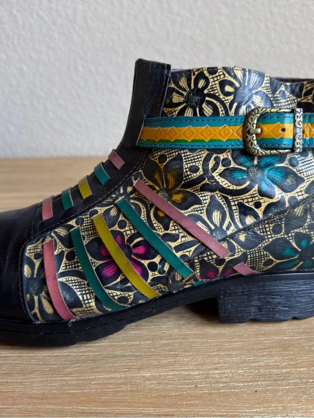 Socofy Women Artsy Leather Ankle Boots Multicolor Boho Chic Hippie Booties US 11